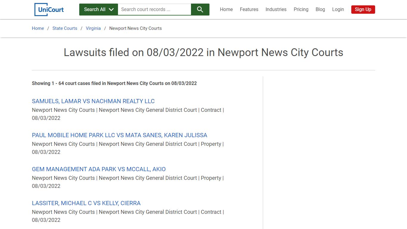 Lawsuits filed on 08/03/2022 in Newport News City Courts